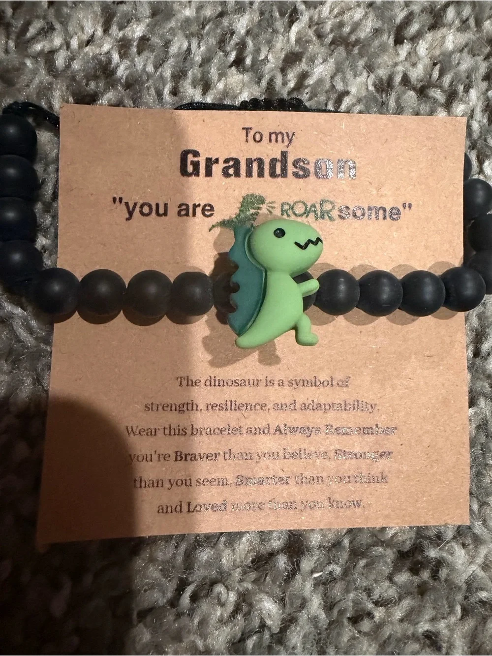 Kids Black Beaded Bracelet with Green Dinosaur Charm - Grandson